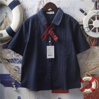 Women's Summer Loose Fit Bellows-Pleated Short-Sleeve Shirt with Bow Tie - Japanese School Style XXL tamsiai mėlyna spalva