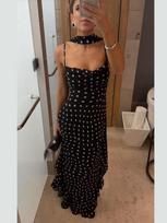 2026 Summer Sleeveless Polka Dot Ruffle Camisole Dress with Scarf Collar S juoda
