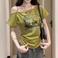 Trendy Plus Size One-Shoulder Printed Short-Sleeve T-shirt for Women - Loose, Slimming, Off-the-Shoulder Summer Style 4XL [Recommended 181-200 lbs] tamsiai mėlyna spalva