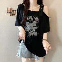 Plus Size Retro Off-Shoulder Short-Sleeve T-Shirt for Women - Summer Slimming, Loose Fit S (Recommended 60-80 lbs) balta