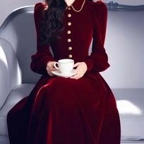 2025 Winter Heiress Style Formal Gown: French Burgundy Velvet Long Dress for Annual Meetings S