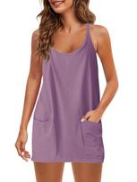 Summer Sleeveless Solid Color Tank Dress with Thin Straps and Pockets M