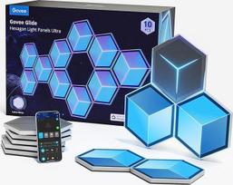 "Govee Glide Hexagon Light Ultra", RGBIC 3D, "Wi-Fi" sieninis šviestuvas, 129 šviesos diodai, veikia su "Alexa", 60 scenos režimų, skirtas žaidimams, sienoms, kambario apdailai, 10 plokščių, meteoriškai pilka spalva