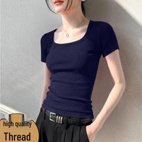 Women's European Trend Ribbed Square Neck Short Sleeve T-shirt - Breathable, Anti-pilling Fashion M (up to 95 jin) pilka spalva