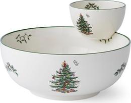 "Spode Christmas Tree" Kalėdų eglutės pakopų traškučių ir užkandžių serviravimo rinkinys - šventinis 2 dalių rinkinys, skirtas šventėms ir užkandžiams patiekti - ikoniškas Kalėdų eglutės dizainas - porcelianas -