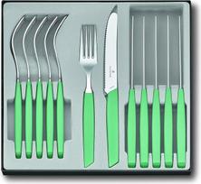 "VICTORINOX Swiss Modern" 12 dalių stalo įrankių rinkinys 6 asmenims su aštriais dantytais peiliais, plastikinėmis rankenomis, mėtų žalumo