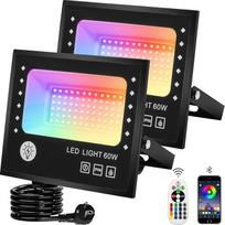 60 W RGB LED lauko prožektorius su nuotolinio valdymo "Bluetooth" programėle, 16 milijonų spalvų ir "pasidaryk pats" stroboskopinis režimas, laikmatis, lauko prožektorius, 6000 LM, 2700 K, IP66 lauko prožektorius, 2 vnt.
