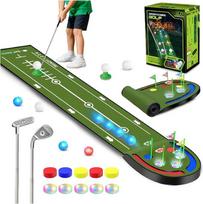 Golf-Puttingmatte für Kinder, 2,4 m großes Putting Green mit LED-beleuchteten Löchern,Bällen,2 Schlägern,Spielzeug-Golfspielset,Golfmatten für drinnen und draußen,Sport geschenk für Kinder