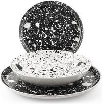 H&H, Tafelservice Noir, 18-teiliges Set, Teller mit schwarz-weißem Spritz-Design, Steinzeug, spülmaschinenfest