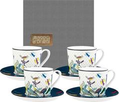 IMAGES D'ORIENT "Birds of Paradise" 4 kavos puodelių su padėkliukais rinkinys, skersmuo 8 cm, aukštis 7,5 cm, 210 ml, porcelianas, rytietiškas dizainas, dovanų dėžutė
