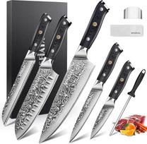 MOSFiATA Damasko peilių rinkinys - 5 dalių virtuvinių peilių rinkinys, pagamintas iš VG10 plieno, kuriame yra virėjo peilis, peilis "Santoku", duonos peilis, komunalinis peilis ir peilis vaisiams - aukštos kokybės dovanų dėžutė