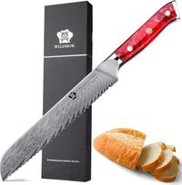 WILDMOK dantytas duonos peilis 20 cm 67 sluoksnių japoniško damasko plieno dervos rankena Dovanų dėžutė