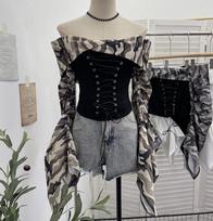 American Retro Camouflage Lace-up Pleated Shirt One Size pilka spalva