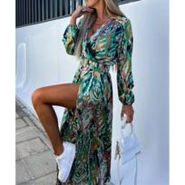 2026 European-American Fashion V-Neck Waist-Cinched Printed Long-Sleeve Dress M šviesiai žalios spalvos
