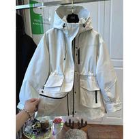 European Women's Khaki Hooded Waist-Cinching Windbreaker - Sporty Workwear Jacket for Early Spring/Autumn M (Suitable for up to 105kg)