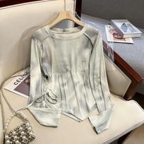 Women's 2025 Tie-Dye Drawstring Long-Sleeve Loose Top - Slim Fit, Korean Style, Spring/Autumn 3XL pilka spalva