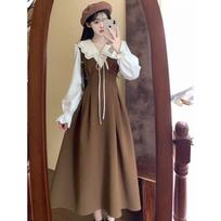 Plus Size Retro Doll Collar Two-Piece Long Dress - Slimming French Autumn Style for Women 5XL