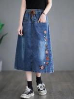 2026 Summer Women's Embroidered Denim Skirt: Elastic Waist, Mid-Length A-line, Retro Artistic Style 3XL for 180-200 jin nuotrauka spalva spalva