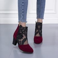 Naujos mados moteriški aukštakulniai nėrinių gėlių kulkšnies dirželio iškirpti sandalai apvaliu priekiu užsegami užtrauktuku bateliai Zapatos De Mujer 40 vyno raudonos spalvos