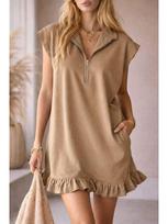 2026 Spring/Summer Women's Sleeveless Zipper V-Neck Ruffle A-Line Dress with Double Pockets L juoda