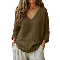 Spring 2026 Women's Casual Loose V-Neck Cotton Linen Long Sleeve Top L armijos žalia spalva