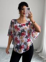 2026 Elegant European & American Chiffon Print Flare Sleeve Semi-Sheer Top for Women Medium rožinė