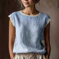 2026 New Women's Retro Loose Sleeveless Linen Shirt with Lace Patchwork Extra Extra Large balta