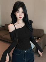 Korean Style Ruffle One-Shoulder Slimming Long-Sleeve Camisole - Women's Sweet & Spicy Autumn Fashion Top Large juoda