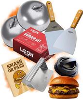 "Smash Burger" rinkinys [nerūdijantis plienas] Geriausias mėsainių rinkinys - buko medienos rankena ir nerūdijančio plieno aukštos kokybės mėsainių priedai dovanų dėžutėje "Burger Smasher" rinkinys + receptų knyga (6 dalys)