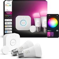 "Philips Hue" pradinis rinkinys: Tiltas + 3 išmanūs prožektoriai E27 + išmanusis mygtukas, balta ir spalvota aplinka, išmanusis šviesos koncentratorius, LED lemputės, valdomos su "Apple Home", "Alexa", "Google Assistant", "Samsung