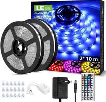 LE RGB LED juosta, 20 m (2 x 10 m) LED juostos, 12 V, 5050 SMD 600 LED juostos Kalėdų dekoracijoms, lipni lanksti šviesos juosta su nuotolinio valdymo pulteliu, pasakų žibintai namams, vakarėliams, barams, televizoriams