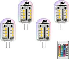Spalvas keičiantys G4 LED 12 V lemputės Helovinui, Kalėdoms, šilta balta + 15 RGB spalvų 12-24 V. 4 lempučių rinkinys ir 1 nuotolinio valdymo pultelis, nestabdomas