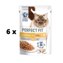 Konservuotas ėdalas PERFECT FIT maišeliai jautrioms katėms su vištiena, 6 x 85 g