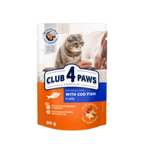 CLUB 4 PAWS Premium Visavertis konservuotas ėdalas suaugusioms katėms su menke drebučiuose, 80 g
