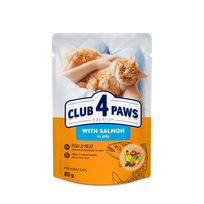 CLUB 4 PAWS Premium Visavertis konservuotas ėdalas suaugusioms katėms su lašiša drebučiuose, 85 g