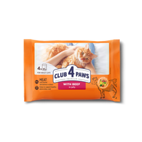 CLUB 4 PAWS Premium Visavertis konservuotas ėdalas suaugusioms katėms su jautiena drebučiuose, 4 x 85 g