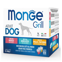 Monge Grill Mix Dog drėgno maisto rinkinys šunims su jautiena, menke ir vištiena, 12 x 100 g