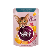 Delickcious juostelės su antiena moliūgais kreminėje sriuboje katėms, 85 g