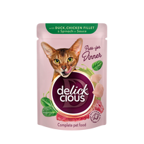 Delickcious konservai katėms su antiena, vištiena ir špinatais padaže, 85 g