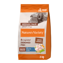 Nature's Variety Healthy Grain Med/Maxi Adult sausas maistas vidutinių ir didelių veislių šunims su balta žuvimi, 3 kg