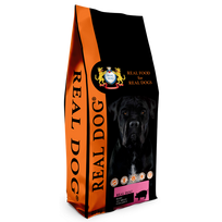 Real Dog Puppy Junior sausas maistas šuniukams ir jauniems šunims su kiauliena ir ryžiais, 20 kg