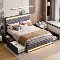 Dvigulė lova 140 x 190 cm su LED ir USB jungtimis - su 4 stalčiais - lininė - pilka