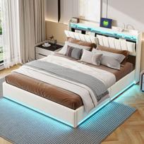 Dvigulė lova 140 x 200 cm, su LED, USB, galvūgaliu su vieta daiktams susidėti, smėlio spalvos, aksomas