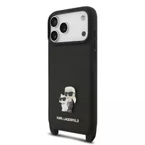 Karl Lagerfeld Saffiano Crossbody Strap Metal Karl and Choupette Case for iPhone 17 Pro Max in Black