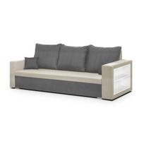 Sofa-lova SAM1, 3 vietų, šviesiai pilkos/kreminės spalvos audinys, 140x190 cm, su patalynės dėže