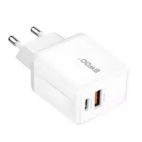BWOO CDA182 travel charger | 20W | PD, QC | USB-A, USB-C | with USB-C to Lightning cable included | black