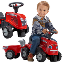 Falk Baby Massey Ferguson traktoriukas–stumdukas su priekaba, įrankiais ir lipdukais
