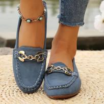 Office Preparation  Ladies' Fashion One Step Leg Loafers - Soft Soled, Casual Denim Blue Flat Shoes with Decorative Metal Buckles, PU Veneer Upper 36 karališkos mėlynos spalvos