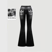 RogueWave Džinsai Plačios Kelnės Moteriškos Vintažinės Boot Cut Siuvinėjimas Kišenės Cirkoniai Skalbtos Moteriškos Nusidėvėjusios Džinsinės Kelnės Streetwear S mėlyna
