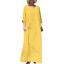 Women's Fashion Color Round Neck Cotton Linen Long Sleeved Casual Pleated Double-sided Pocket Dress L juoda